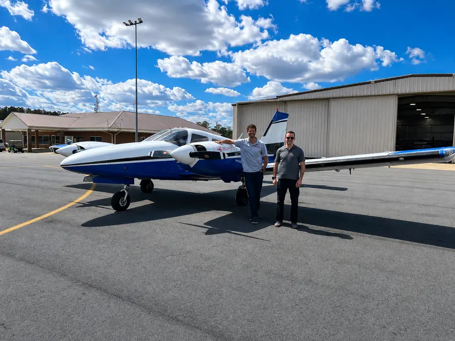 Multi-engine rating student with CFI in front of aircraft at M2A Aviation Academy