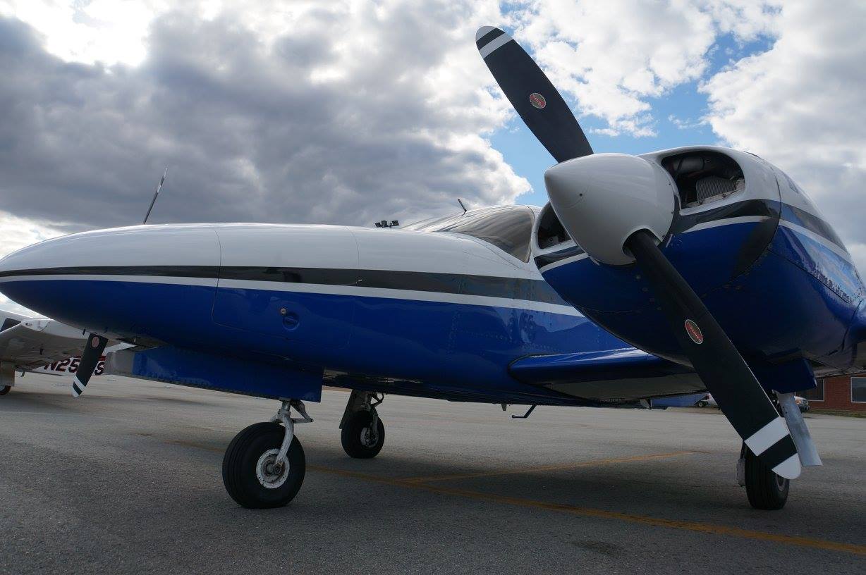 M2A Aviation Academy turbocharged Piper Seneca II close up view at Wayne Executive Jetport in Pikeville, North Carolina